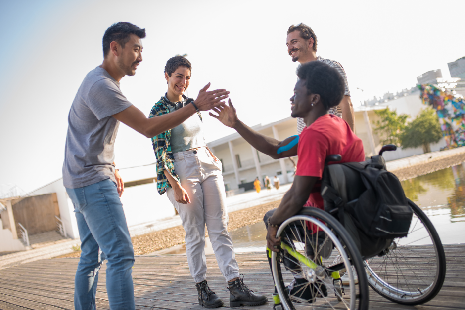 Person on wheelchair meeting his friends near the lake Community Participation MasRic Health Registered NDIS Service Provider in Geelong and Surf Coast
