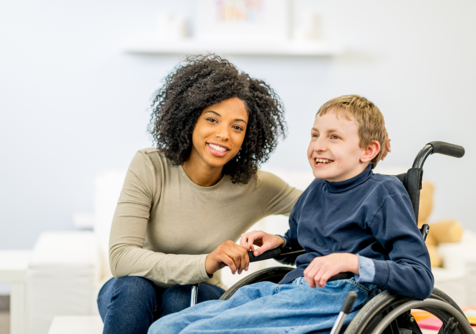 Support worker providing daily living and personal care support to a child in wheelchair MasRic Health Registered NDIS Service Provider Geelong Surf Coast