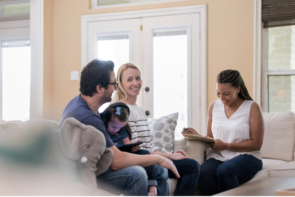Family with disabled kid talking with a support worker regarding respite care MasRic Health Registered NDIS Service Provider Geelong Surf Coast